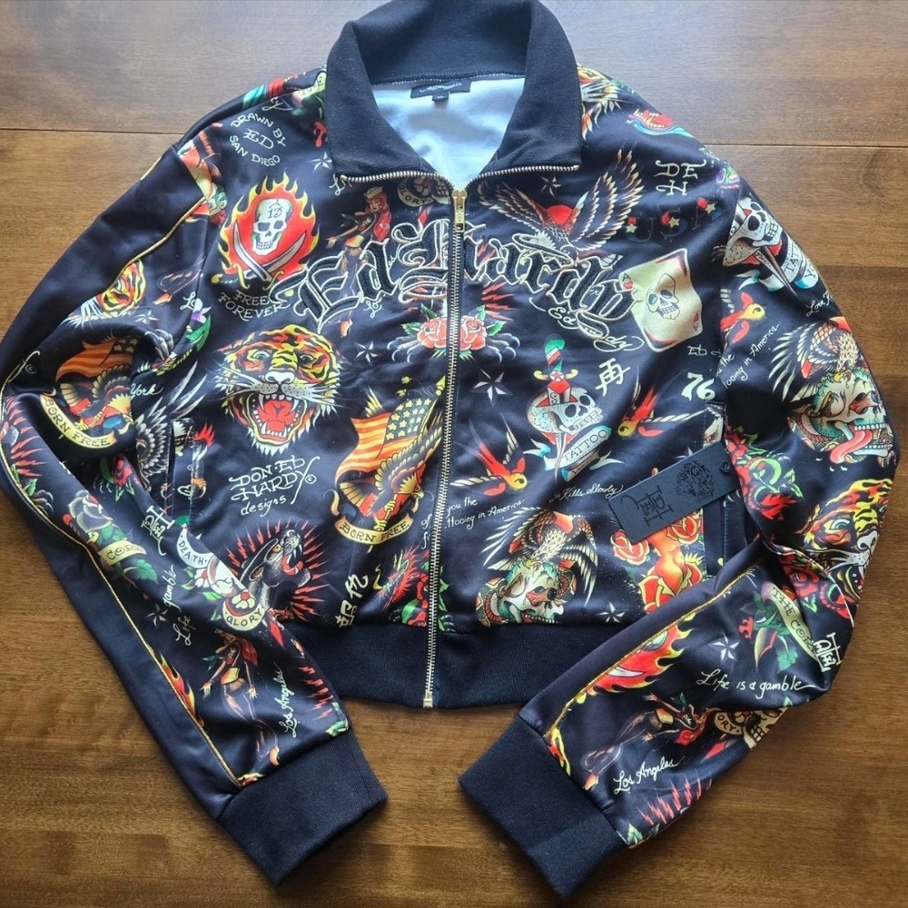 Ed Hardy Y2K Tattoo Bomber Jacket Black Graphic Streetwear MCbling Cropped